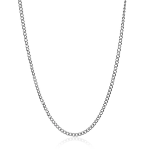 Classic silver stainless steel cable chain necklace in U-shape hanging on white background