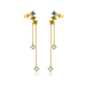 Elegant S925 sterling silver long tassel drop earrings with multicolor gemstones and gold finish