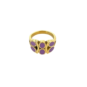 Golden stainless steel ring with purple enamel inlay dots on a clean white background