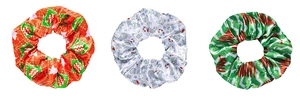 Three-piece set of satin Christmas scrunchies with red, white, and green festive patterns