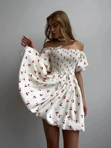 Women French Retro Square Neck Mini Dress Cherry Print Smocked Bust Puff Sleeve Summer Sweet Style