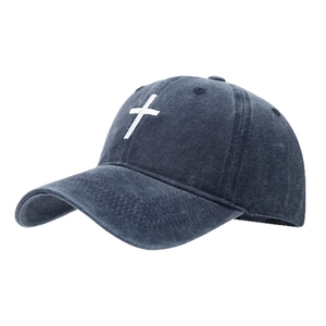 Washed denim baseball cap in dark grey with white cross embroidery for outdoor sports