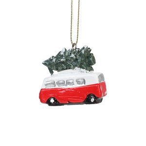 Red Christmas bus resin hanging ornament with snowy green tree and gold string
