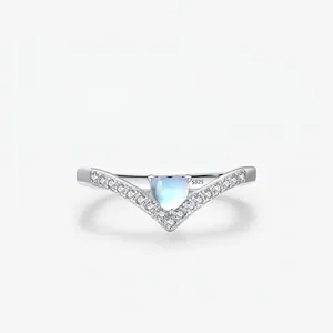 925 Sterling Silver Ring Heart Moonstone V Shape Chevron Pave Zircon Korean Style Elegant Jewelry For Women