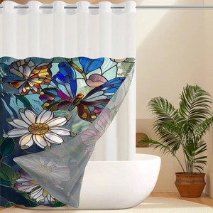 Detail of waterproof polyester shower curtain with butterfly and daisy stained glass pattern
