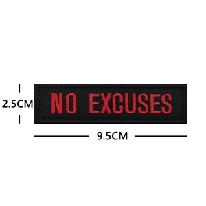 Embroidered 'NO EXCUSES' tactical patch for backpacks and gear, black with red text