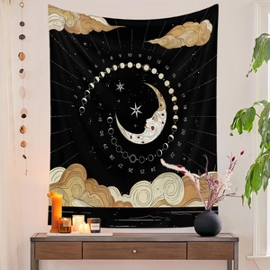 Detail of a celestial moon phase tapestry with golden clouds and calendar numbers