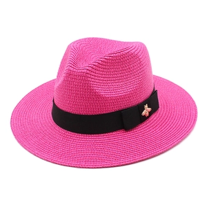 Detail of rose red fedora with black ribbon and golden bee buckle on the bow