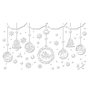 White Christmas window decals with snowflakes, bells, and Merry Christmas art lettering