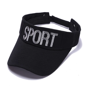 Black sun visor hat with white SPORT embroidery and adjustable strap for women