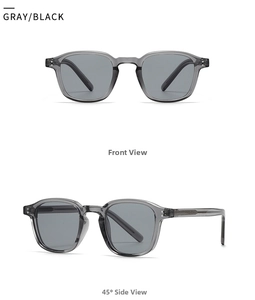 Vista frontal y lateral de 45 grados de gafas de sol vintage con lentes grises