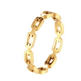 Detailed view of golden stainless steel chain ring with hollow geometric link design