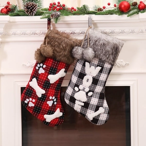 Buffalo Plaid Christmas Stocking Faux Fur Pet Dog Bone Paw Pattern Hanging Decorative Gift Bag Candy Pouch