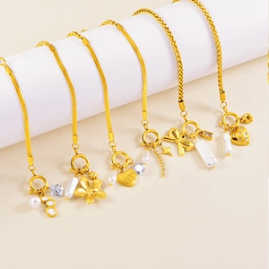 Stainless Steel Bracelet Gold Plated Heart Flower Charm Asymmetric Chain Faux Artificial Pearl Zirconia Jewelry For Women