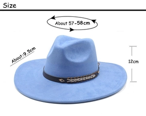 Größentabelle für himmelblauen Filzhut aus Wildleder mit Lederband und Flechtseildetails