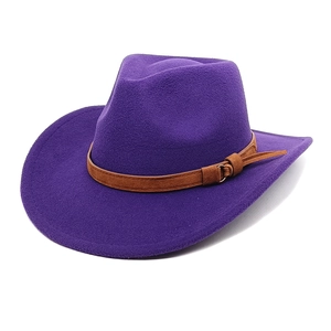 Detail of purple wool felt western cowboy hat with brown faux leather decorative band