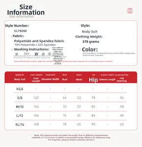 Size guide for high waist yoga bodysuit with fabric details and measurements