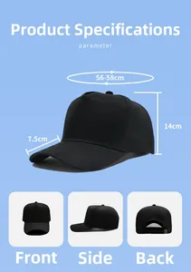 Size chart for 5-panel baseball cap showing head circumference, brim length, and height