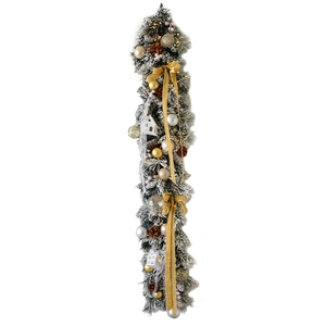 135cm snowy Christmas garland with gold bows, pine cones, and LED lighted houses