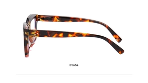 Detail view of tortoiseshell glasses frame with golden rivets and flexible spring hinges