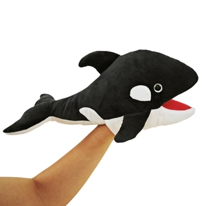 Orca plush hand puppet toy for parent-child interactive games on white background