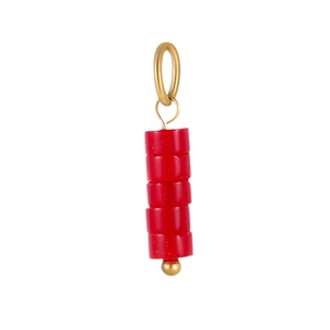 Vertical pendant with five red cylindrical beads and gold metal loop on white background