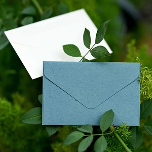 Mini V-flap triangular envelopes in white and blue specialty paper on a plant background