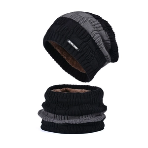Winter knitted hat and neck warmer set with thick plush lining in black and grey