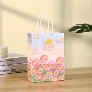 Artistic oil painting style kraft paper gift bag with pink flowers and white handles