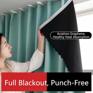 Total Blackout Curtains Polyester Velcro Punch-Free Installation Light Blocking Thermal Insulated Modern Bedroom Home