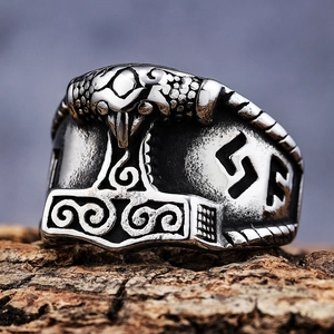 Viking Mjolnir Hammer Ring Stainless Steel Nordic Runes Retro Vintage Punk Style Men Jewelry Accessory