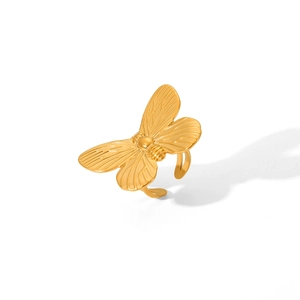 French style gold butterfly open ring in stainless steel with adjustable band for women
