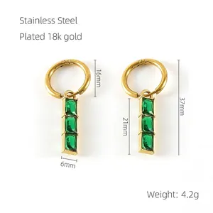 Size guide for bamboo-style earrings with green crystals and 18k gold plating