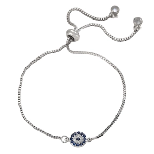 Silver Evil Eye bracelet with blue and white zircons and adjustable sliding clasp