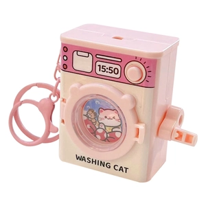 Pink mini hand-cranked washing machine keychain with cute cat design for bag decoration.