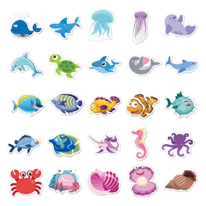 Detailed grid layout of 25 cute colorful waterproof cartoon ocean animal stickers