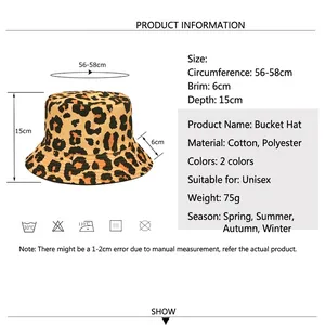 Leopard print bucket hat for women with size chart showing 56-58cm circumference