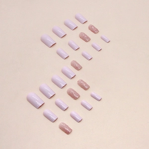 Medium length lavender and glitter press-on nails set with square shape 24 pieces