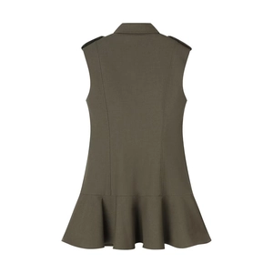 Olive green sleeveless mini dress with padded shoulders and tiered ruffled hem back view