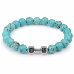 Turquoise bead bracelet with a metal dumbbell charm featuring Live Fit engraving