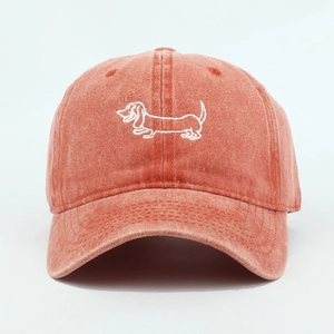 Vintage brick red washed cotton baseball cap with cute white dog embroidery