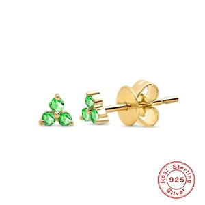 Detailed macro view of S925 sterling silver four-leaf clover stud earrings with green gems