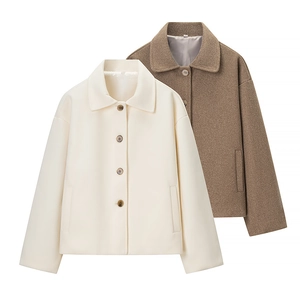 Women Short Woolen Jacket Lapel Button Down Loose Fit Solid Color Casual Outerwear
