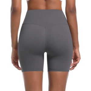 Close-up back view of dark grey high-waisted yoga shorts with seamless lifting effect