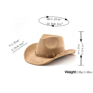 Brown faux suede cowboy hat showing detailed dimensions for brim width and crown height