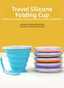 Collapsible silicone travel cups in various colors with lids and lanyards for portability