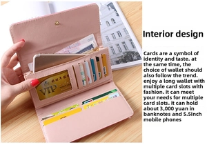 Internal layout of pink long wallet showing card slots and compartment for 5.5 inch phone