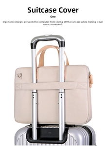 Detail of luggage strap on cream laptop bag attached to silver suitcase handle