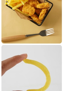 Macro detail showing flexible texture and realistic look of imitation French fries and chicken
