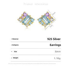 Close-up of gold-plated silver earrings with blue and purple gemstones, size 6mm x 7mm